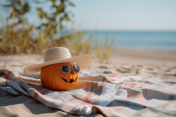 Cute pumpkin face with sunglasses and hat on the beach. Concept: end of summer, close of summer season, change of season, beginning of fall, early fall.