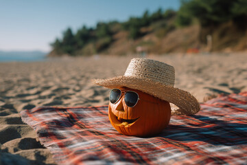 Cute pumpkin face with sunglasses and hat on the beach. Concept: end of summer, close of summer season, change of season, beginning of fall, early fall.