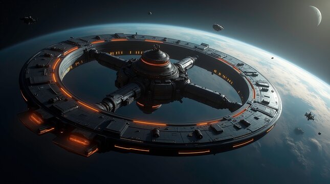 Massive sci-fi space station orbiting a gas giant planet, ring-shaped docking structures connected by bridges, multiple spacecraft flying nearby, dark outer space. AI Generative