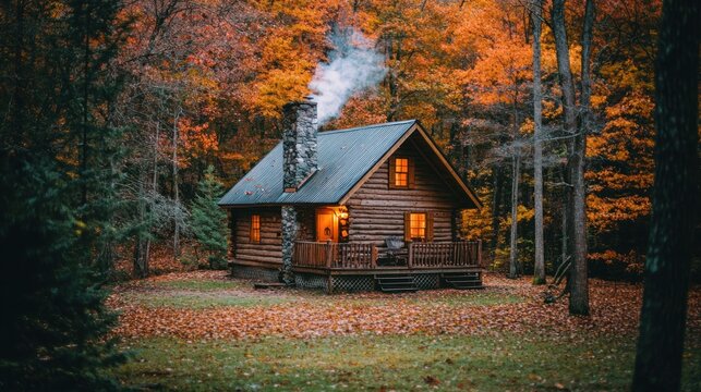 Cozy log cabin nestled in autumn forest. Warm light streams from windows - Powered by Adobe