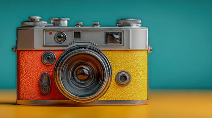 Old retro vintage digital camera with a colorful orange and yellow body. Classic photography device for creative imagery. Flat lay.