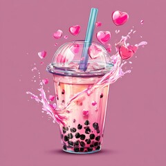 Colorful Bubble Tea With Heart Decorations Splashing on a Pink Background Generative AI