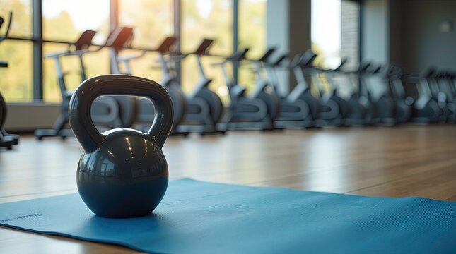 A blue kettlebell sits on the gym floor with sunlight streaming through large windows near by machines, creating a bright and motivating atmosphere.