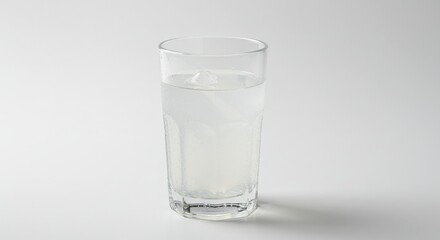 Refreshing Glass of Water with Ice Cube on White Background, Minimalist Still Life