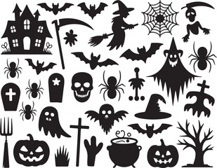 Halloween silhouette collection spooky haunted house bats ghosts pumpkins spiders witches cauldron
