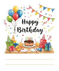 Happy Birthday Greeting card illustration frame with cake, gifts, balloons, flowers, flags on white background