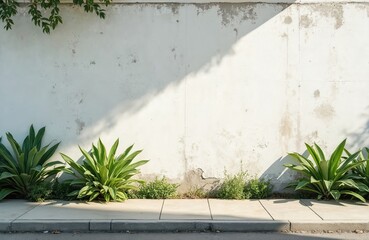 Weathered white wall with green plants, concrete sidewalk. Sunlight casts shadows creating rustic urban background. Aged facade offers blank surface for copy space, design elements. Growth of nature.