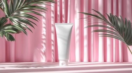 White cosmetic tube on pink backdrop with tropical leaves