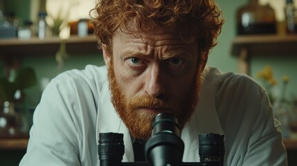 Focused scientist observing specimen under microscope