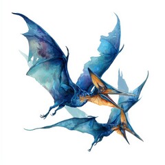 Flying Pterosaurs in Vivid Blue Tones Soaring Through a Clear Sky Landscape Generative AI