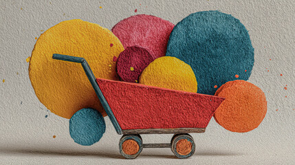 A red shopping cart filled with colorful abstract circles in a painterly style. Concept of modern shopping and purchase.