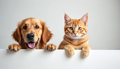 Golden retriever dog, orange tabby cat peek over white surface, paws on edge. Both pets look toward camera with curious expressions. Image captures friendly companionship between dog, cat, suitable
