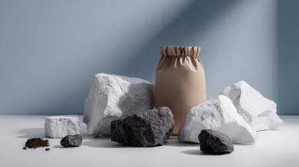 Spa relaxation concept with basalt stones in cloth pouches arranged on gray background for zen therapy style