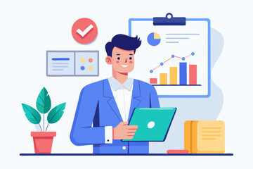 A businessman holding a laptop with charts and graphs isolated on white background