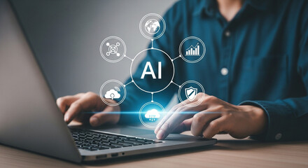 Person using a laptop with artificial intelligence network interface overlay