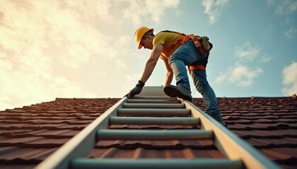 Roofer in safety gear ascends ladder onto shingled roof. Blurred building structure background emphasizes height, perspective of job. Illustrates construction maintenance work, residential