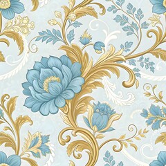 Vintage floral wallpaper with blue flowers and golden vines










