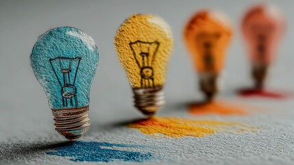 A row of painted light bulbs on a light gray surface, representing different ideas and creativity.