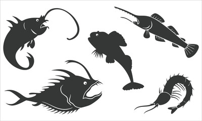 Deep sea creatures silhouettes on white background