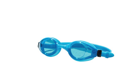 A vibrant blue swimming goggles with light blue tinted lenses resting on a pristine poolside edge, sparkling blurred water background, natural daylight, high-key, concept of leisure and clarity