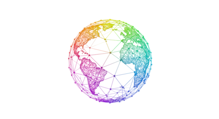 Glowing abstract 3D wireframe sphere, vibrant rainbow gradient, intricate network patterns, white background, studio lighting, concept of global interconnectedness
