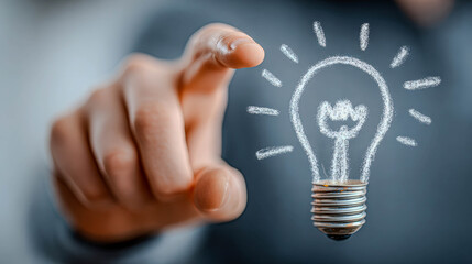 Man pointing finger at a light bulb. New idea and innovation for creativity. Inspiration concept.