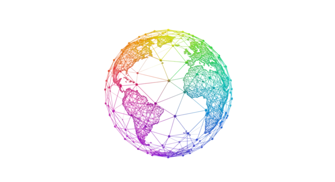 Glowing abstract 3D wireframe sphere, vibrant rainbow gradient, intricate network patterns, white background, studio lighting, concept of global interconnectedness