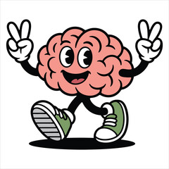 Cartoon Brain Mascot Walking with Peace Sign Vector Illustration