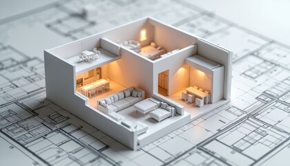 White architectural model of house interior design placed on blueprint. Shows living room, kitchen, dining area with miniature furniture. Features glowing windows, lines, and scale measurements.