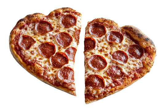Heart-shaped pepperoni pizza with slices separated on white background