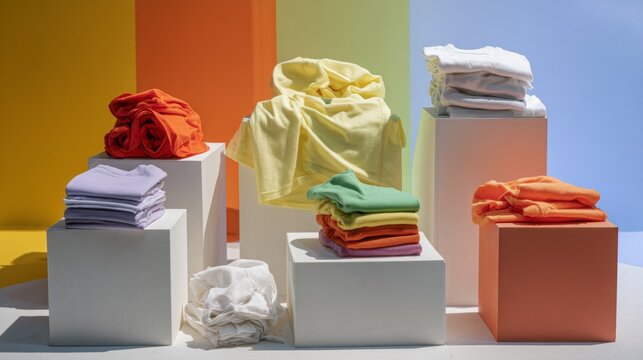 Folded colorful clothes arranged on geometric blocks for vibrant laundry detergent or fashion styling photo concept