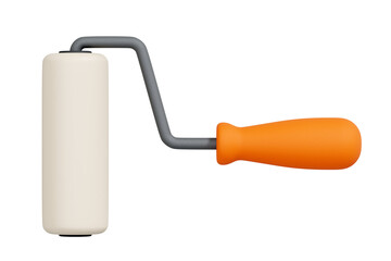 3D render of paint roller with soft orange handle and clean roller, side view on white background