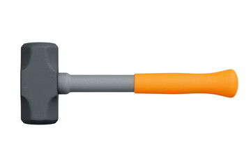 3D render of a sledgehammer with a gray metal head and orange handle lying horizontally on white background. Minimal design for tools, construction, and repair concepts
