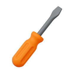 3D render of flathead screwdriver with orange handle, shown at angle on white background