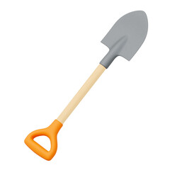 Realistic 3D render of a gardening shovel with wooden shaft, orange grip, and gray metal blade isolated on white background