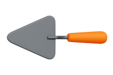 Realistic 3D render of triangular masonry trowel with orange handle and gray metal blade isolated on white background