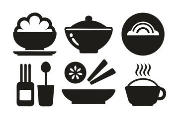Collection of black food icons including a bowl of rice, a soup pot, a bowl with rainbow noodles, chopsticks, a lemon slice, and a steaming bowl of rice, isolated on white background