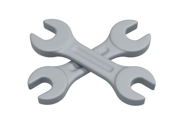Two grey wrenches crossed in X shape, 3D render isolated on white background