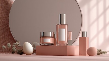 Cosmetic bottles on soft pink background with mirror for feminine skincare and wellness product branding visual