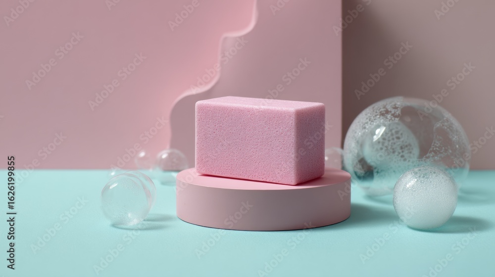 Poster pink geometric shapes on pedestal with bubbles for modern cosmetic display scene and 3d branding com