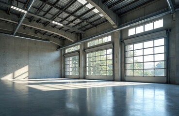 Bright, modern warehouse interior with concrete walls, polished concrete floor. Large industrial windows, garage doors offer natural light, exterior views. Features exposed ceiling structures, metal
