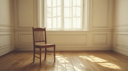 Single wooden chair in empty room with sunlight streaming through large window