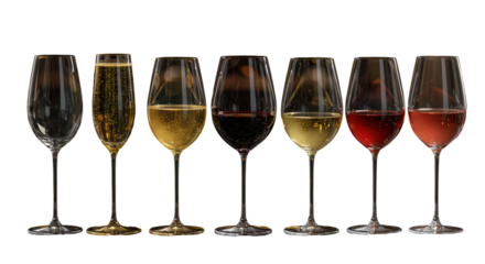 Six premium crystal wine glasses (champagne, red, white, rosé) with various liquid colors, on reflective black marble, blurred upscale restaurant background. Concept of luxury beverage diversity