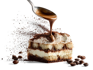 A delectable slice of tiramisu being drizzled with rich coffee sauce. Chocolate sprinkles and coffee beans accent the scene
