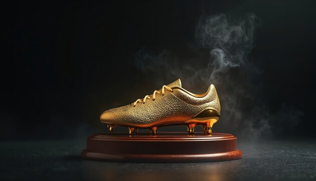 Golden soccer boot trophy presented on polished wooden base. Sports achievement, victory, success in football competition. Award features detailed texture, shiny metallic finish, emitting subtle - Powered by Adobe