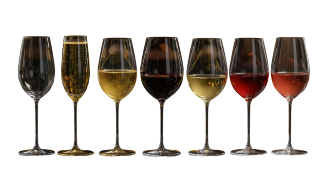 Six premium crystal wine glasses (champagne, red, white, rosé) with various liquid colors, on reflective black marble, blurred upscale restaurant background. Concept of luxury beverage diversity