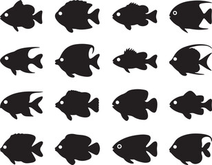 Diverse fish silhouettes swimming in various poses aquatic marine ocean