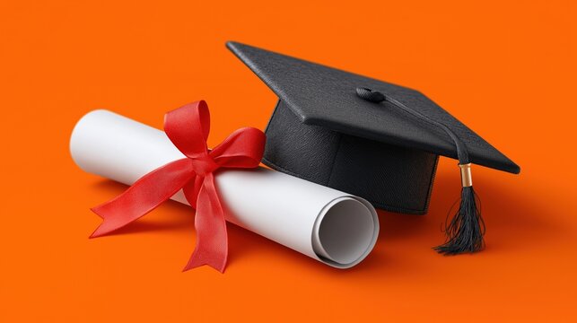 Graduation cap and diploma on vibrant orange background