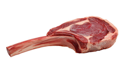 Fototapeta premium A close-up of a raw Tomahawk steak, showcasing the cut of meat and bone. The steak is ready for grilling and the rich red color of the meat is visible