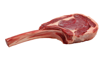 A close-up of a raw Tomahawk steak, showcasing the cut of meat and bone. The steak is ready for grilling and the rich red color of the meat is visible